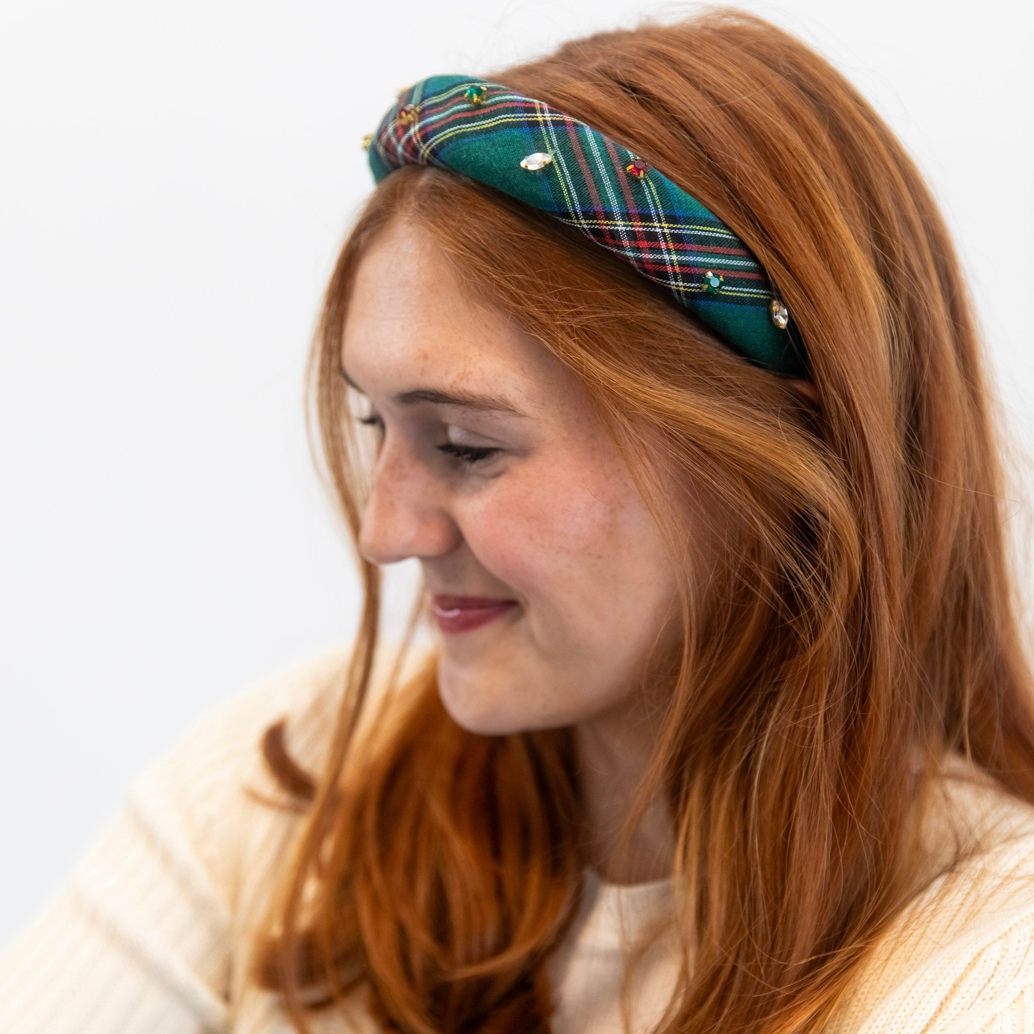 Classic Padded Headband - Green Plaid Gems
