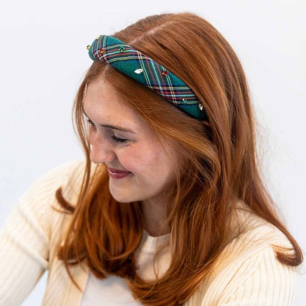 Classic Padded Headband - Green Plaid Gems