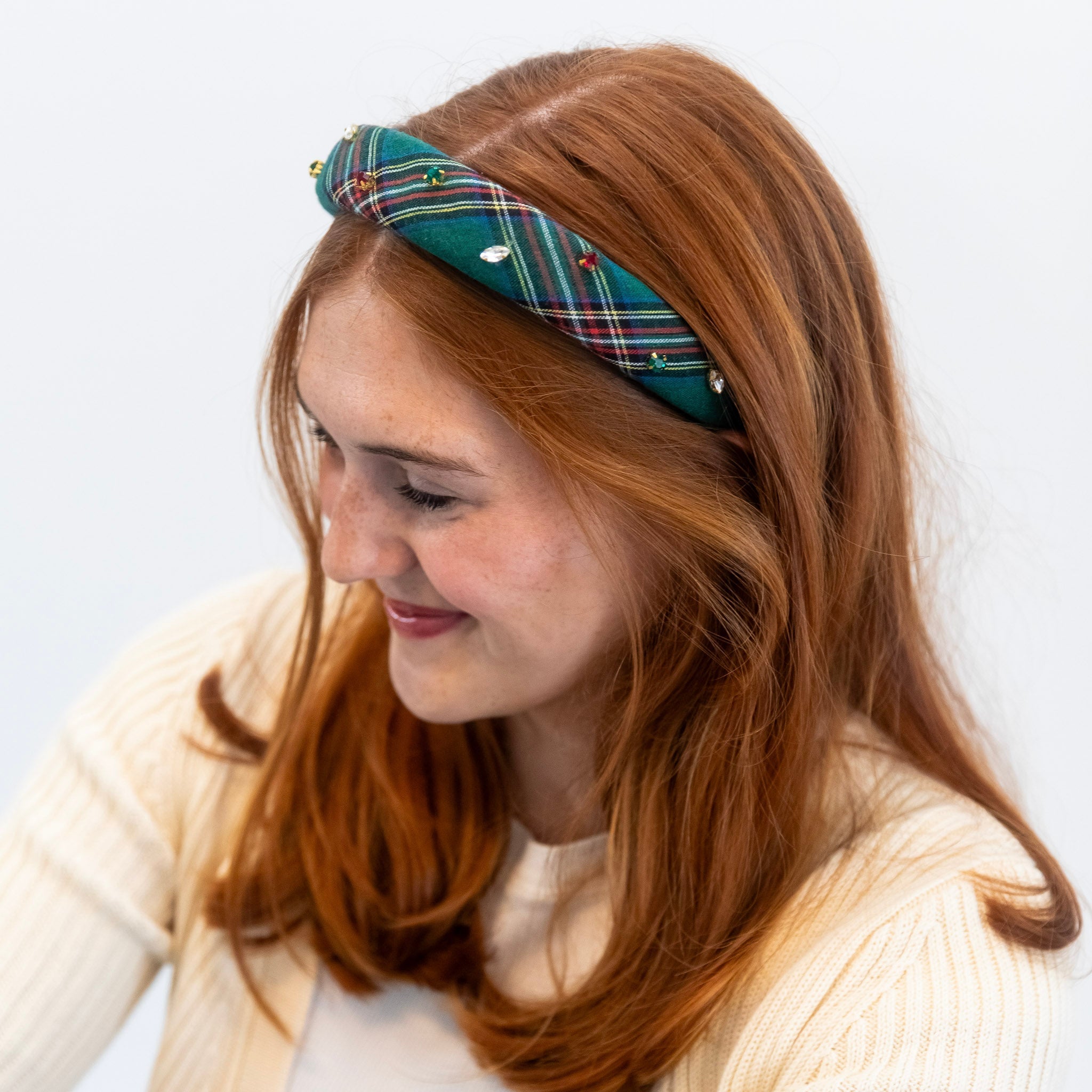 Classic Padded Headband - Green Plaid Gems