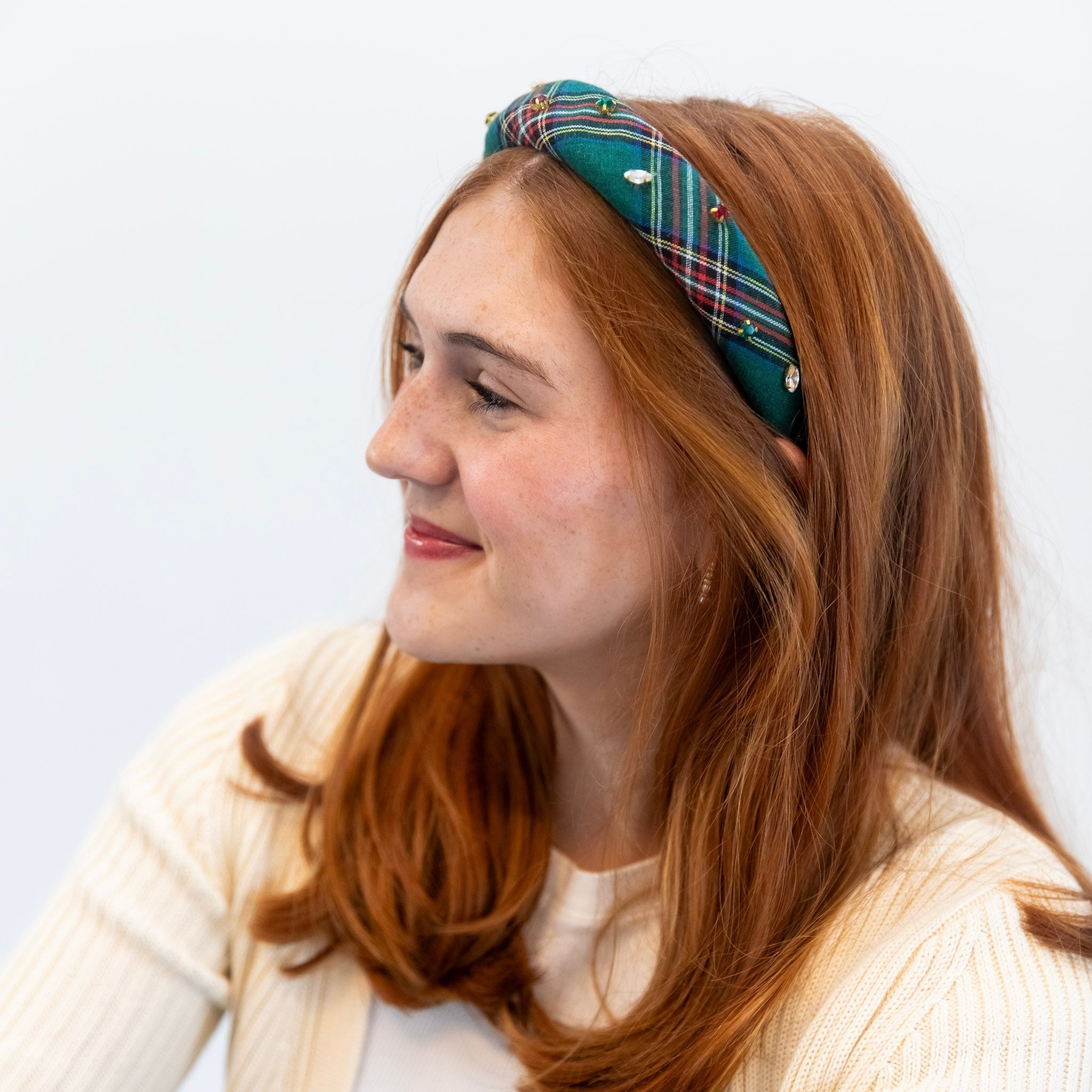 Classic Padded Headband - Green Plaid Gems