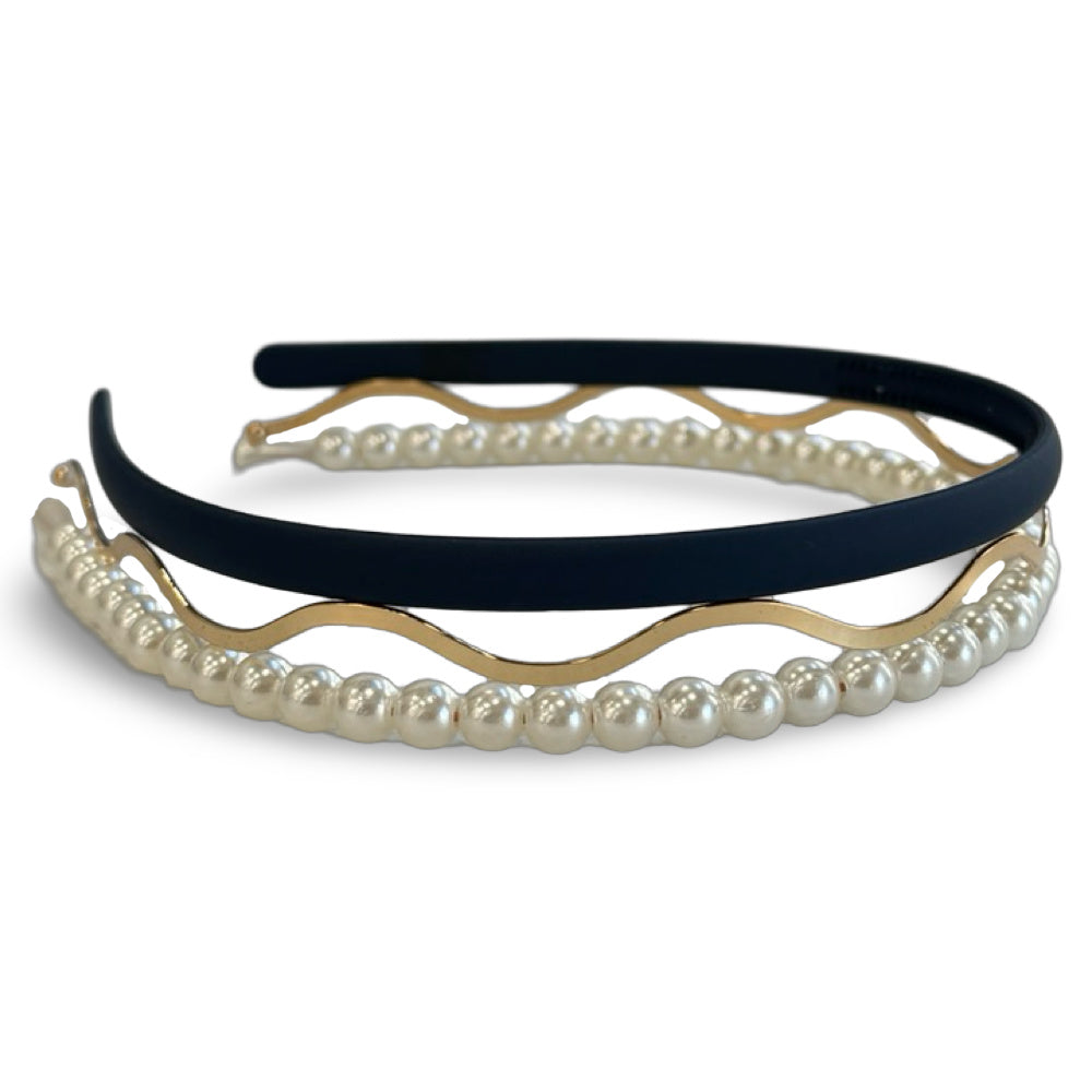 Headband Set - Blue + Pearl + Wavy Gold