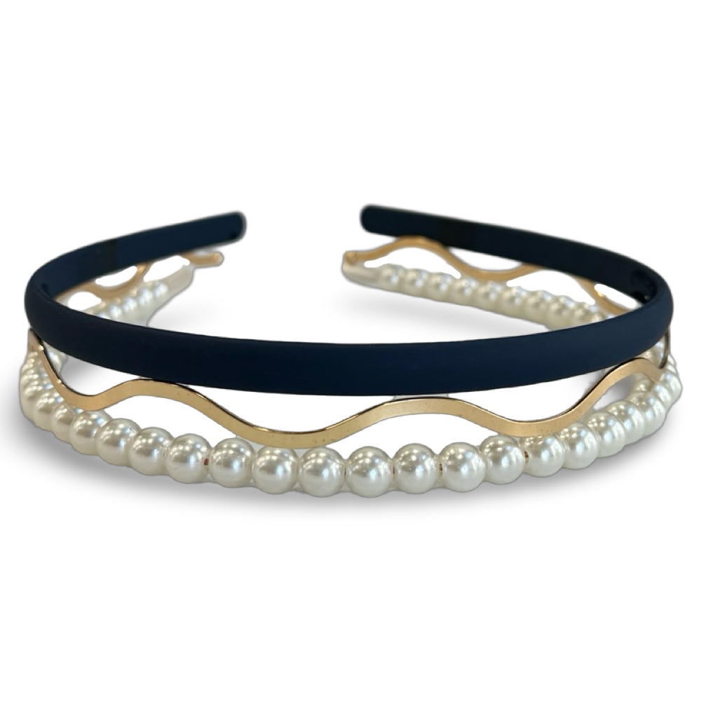 Headband Set - Blue + Pearl + Wavy Gold