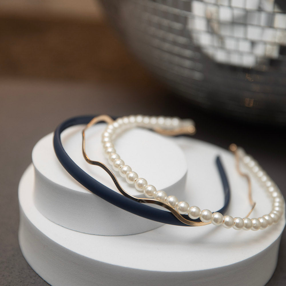 Headband Set - Blue + Pearl + Wavy Gold