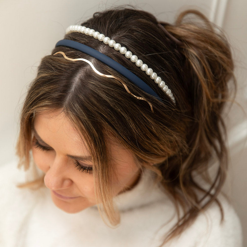 Headband Set - Blue + Pearl + Wavy Gold