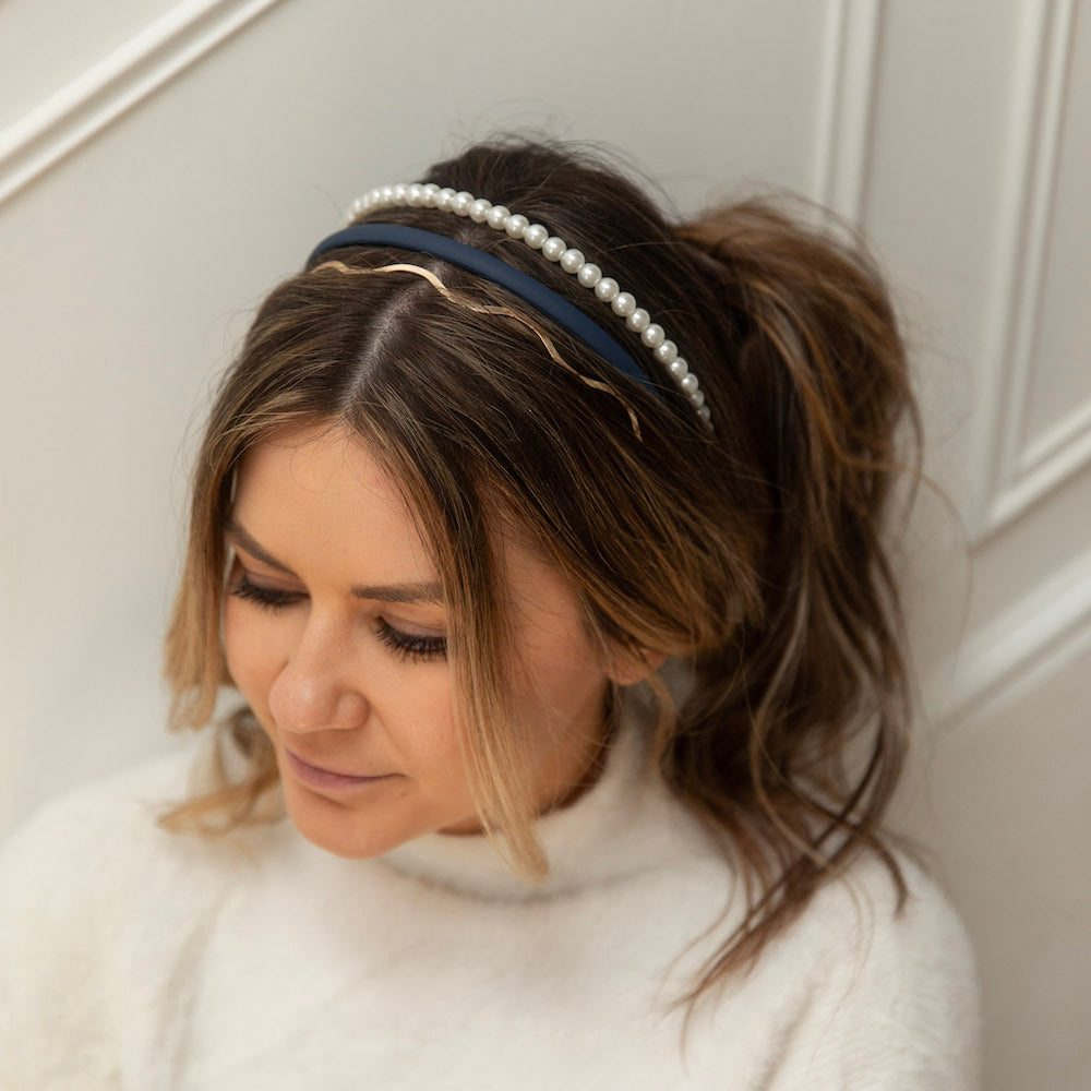 Headband Set - Blue + Pearl + Wavy Gold