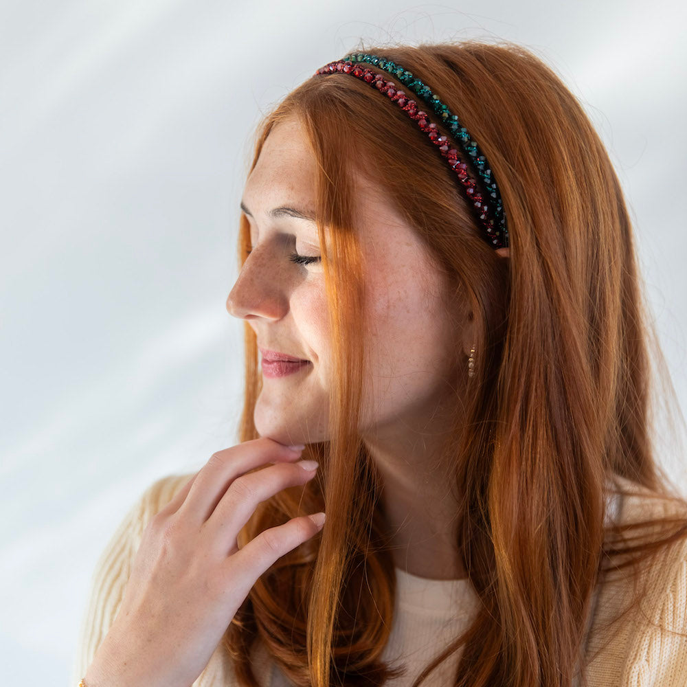 Thin Beaded Headband Set - Red + Green
