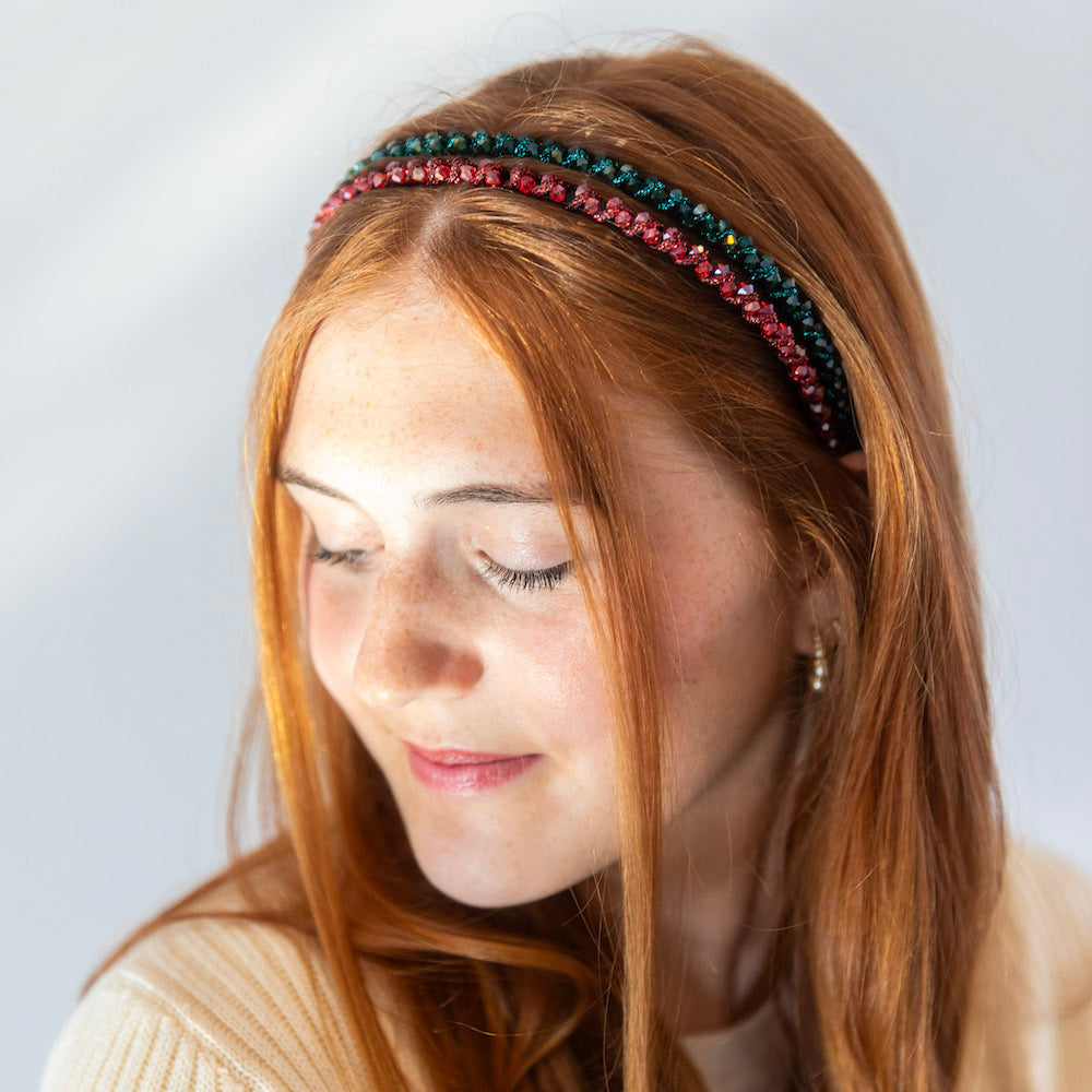 Thin Beaded Headband Set - Red + Green