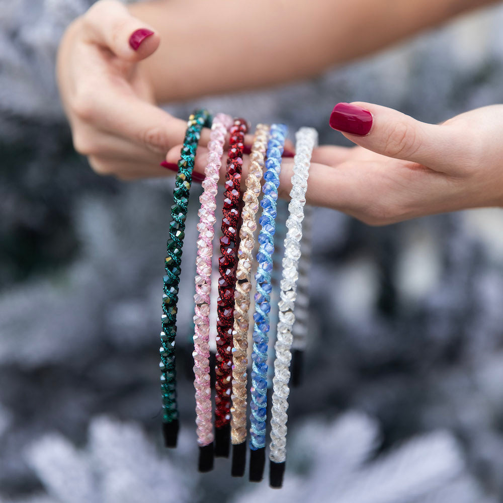 Thin Beaded Headband Set - Blue + Silver