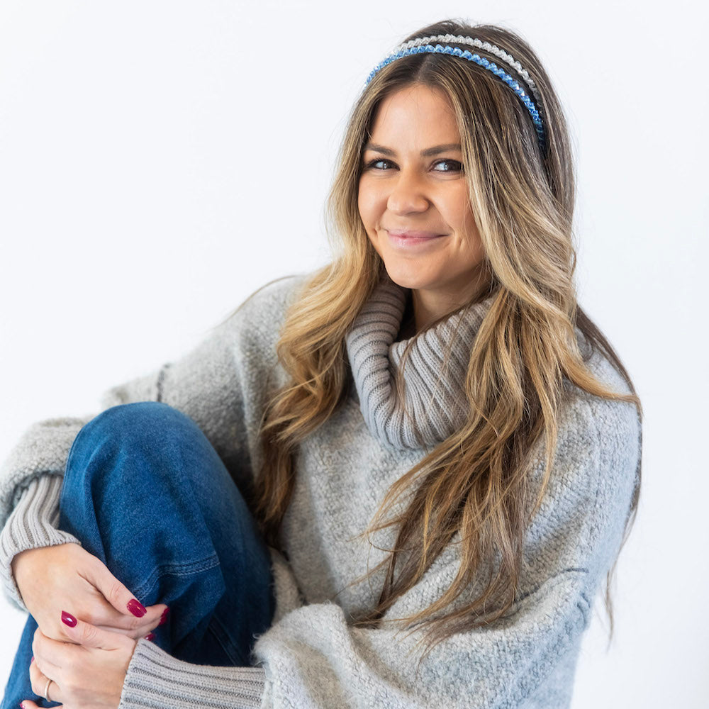 Thin Beaded Headband Set - Blue + Silver