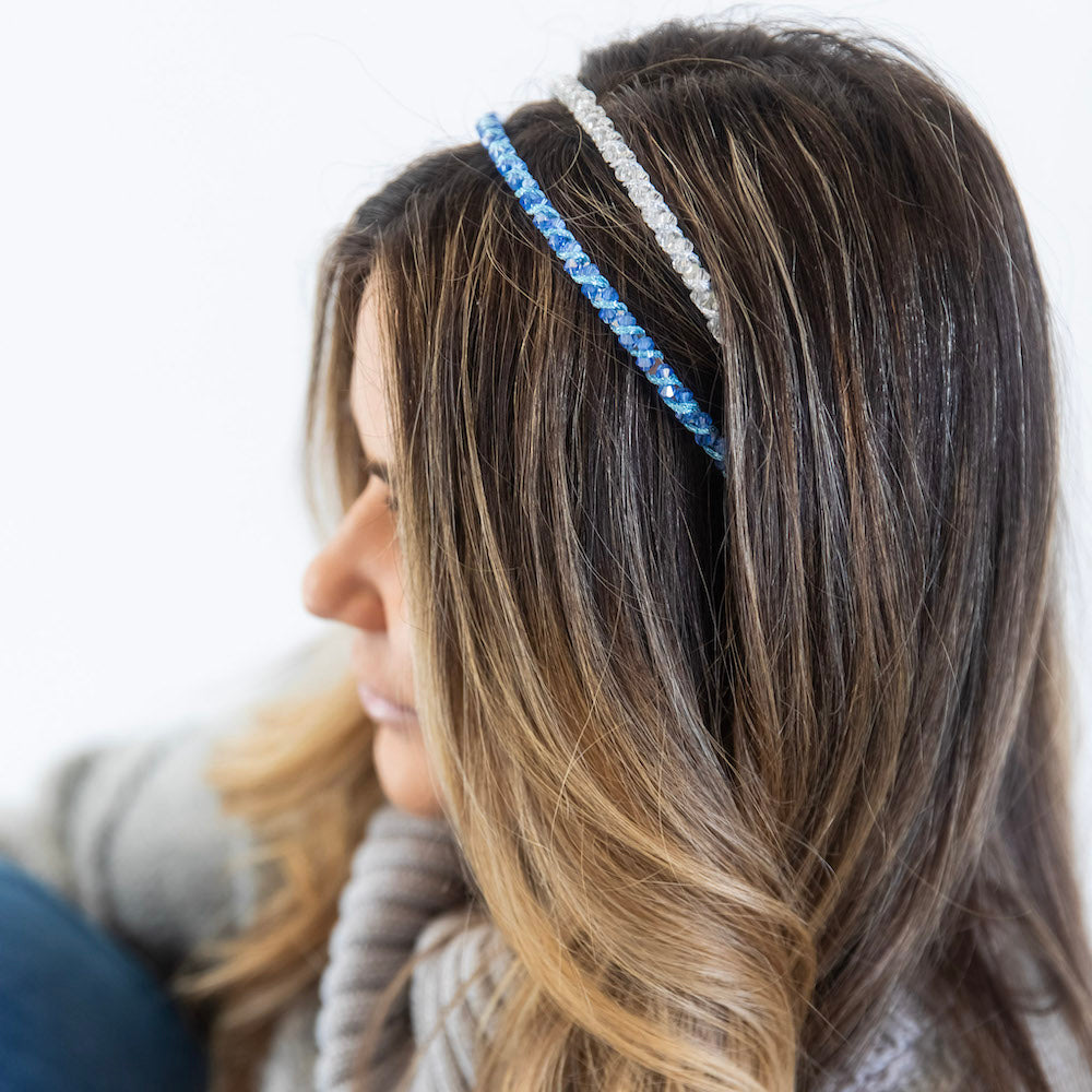 Thin Beaded Headband Set - Blue + Silver