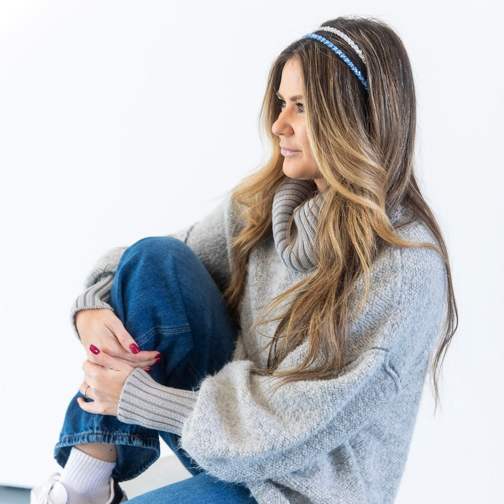 Thin Beaded Headband Set - Blue + Silver