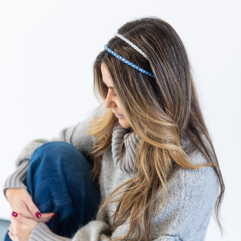 Thin Beaded Headband Set - Blue + Silver