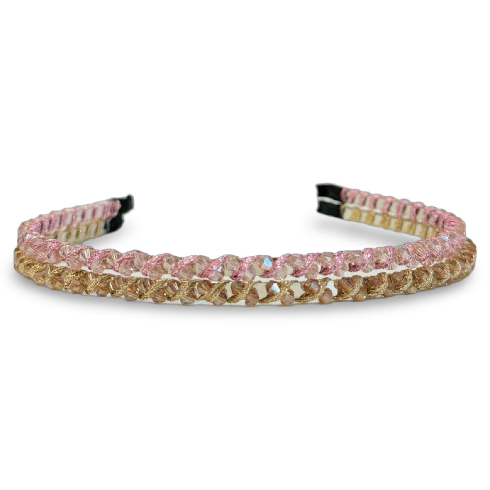 Thin Beaded Headband Set - Gold + Pink