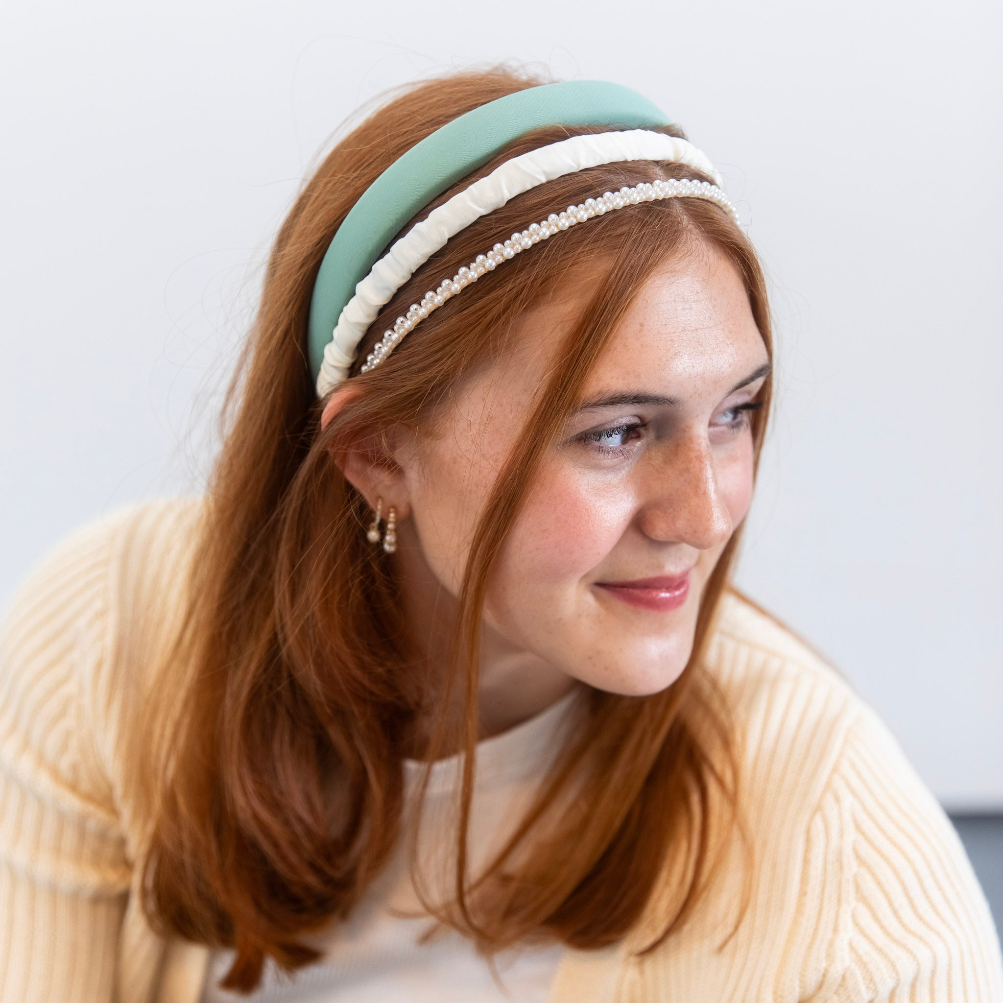 Classic Headband Set - Green + Cream + Pearl