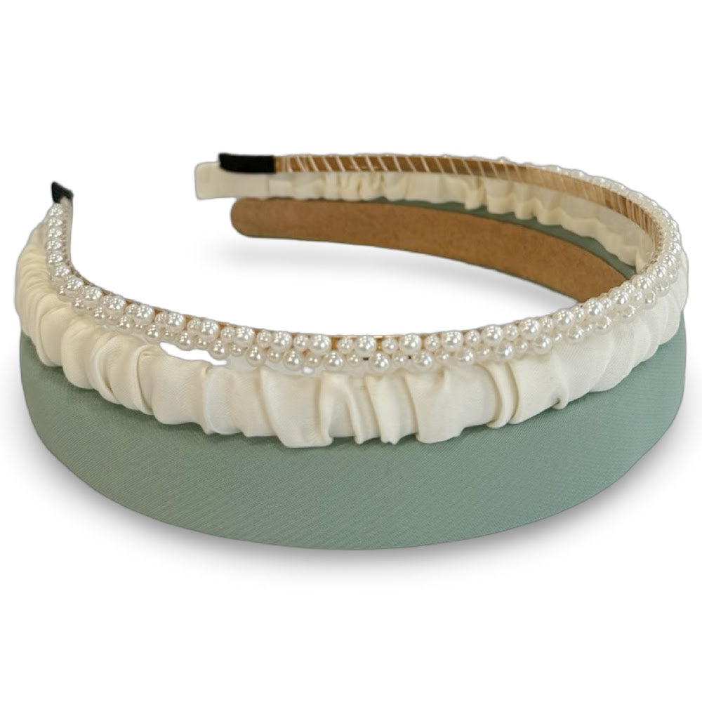 Classic Headband Set - Green + Cream + Pearl
