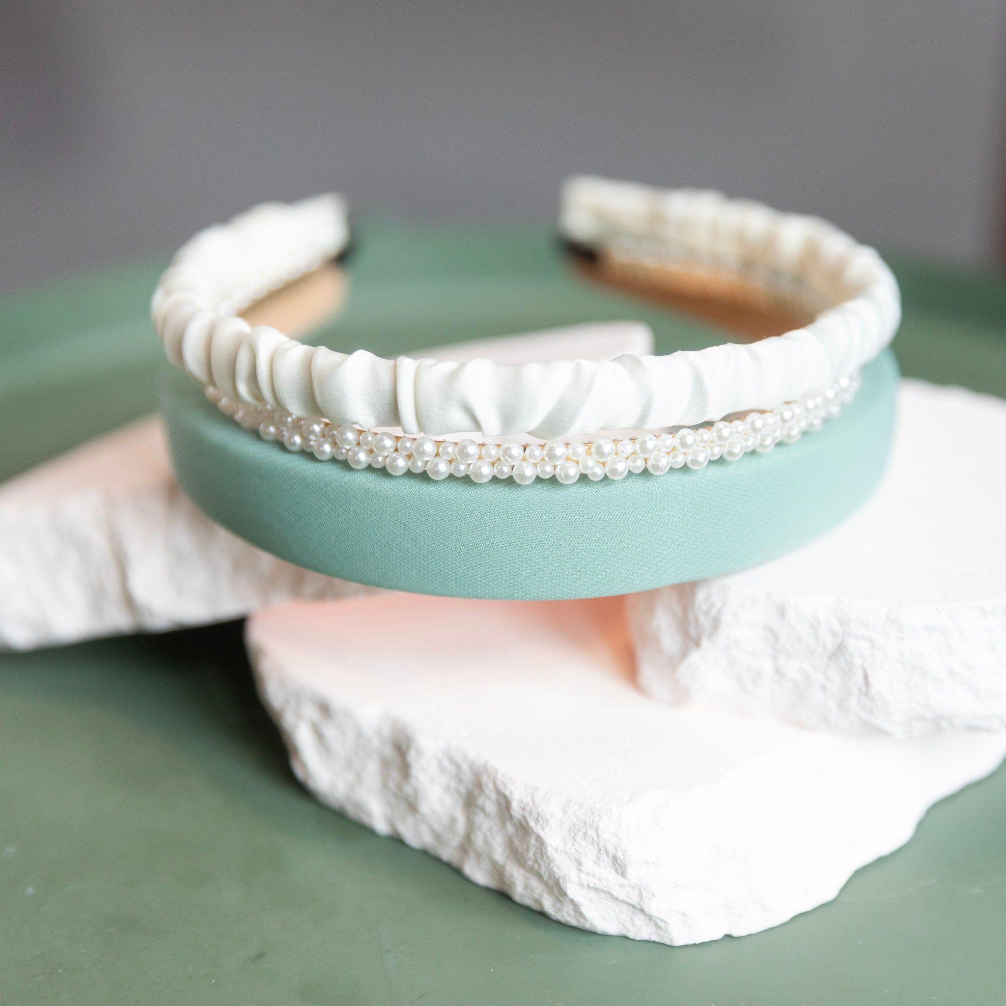 Classic Headband Set - Green + Cream + Pearl