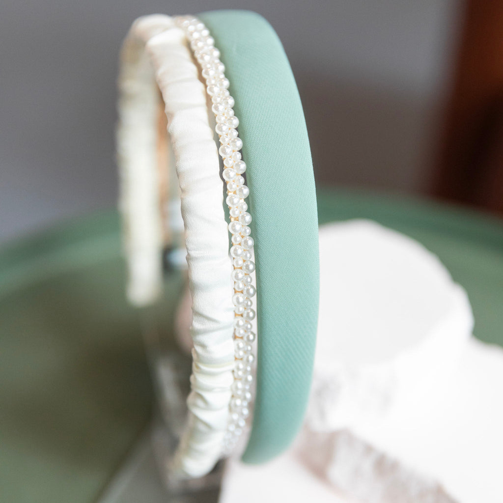 Classic Headband Set - Green + Cream + Pearl