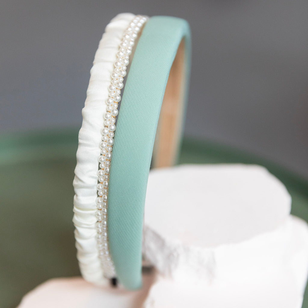 Classic Headband Set - Green + Cream + Pearl