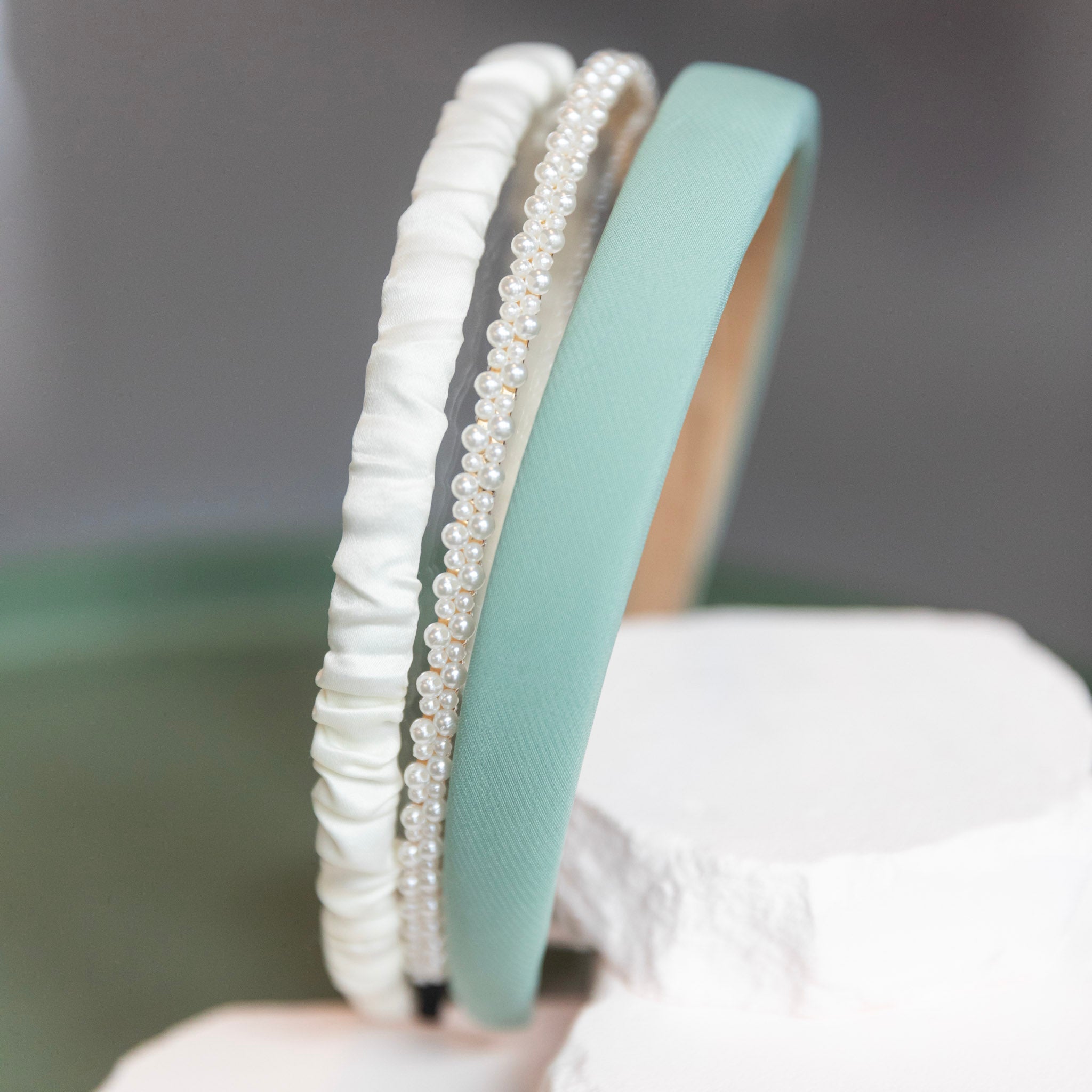 Classic Headband Set - Green + Cream + Pearl