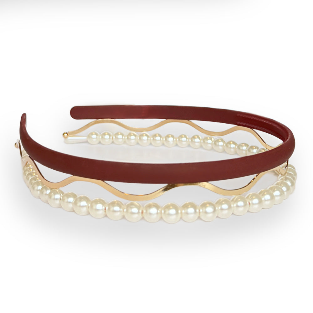 Headband Set - Red + Pearl + Wavy Gold
