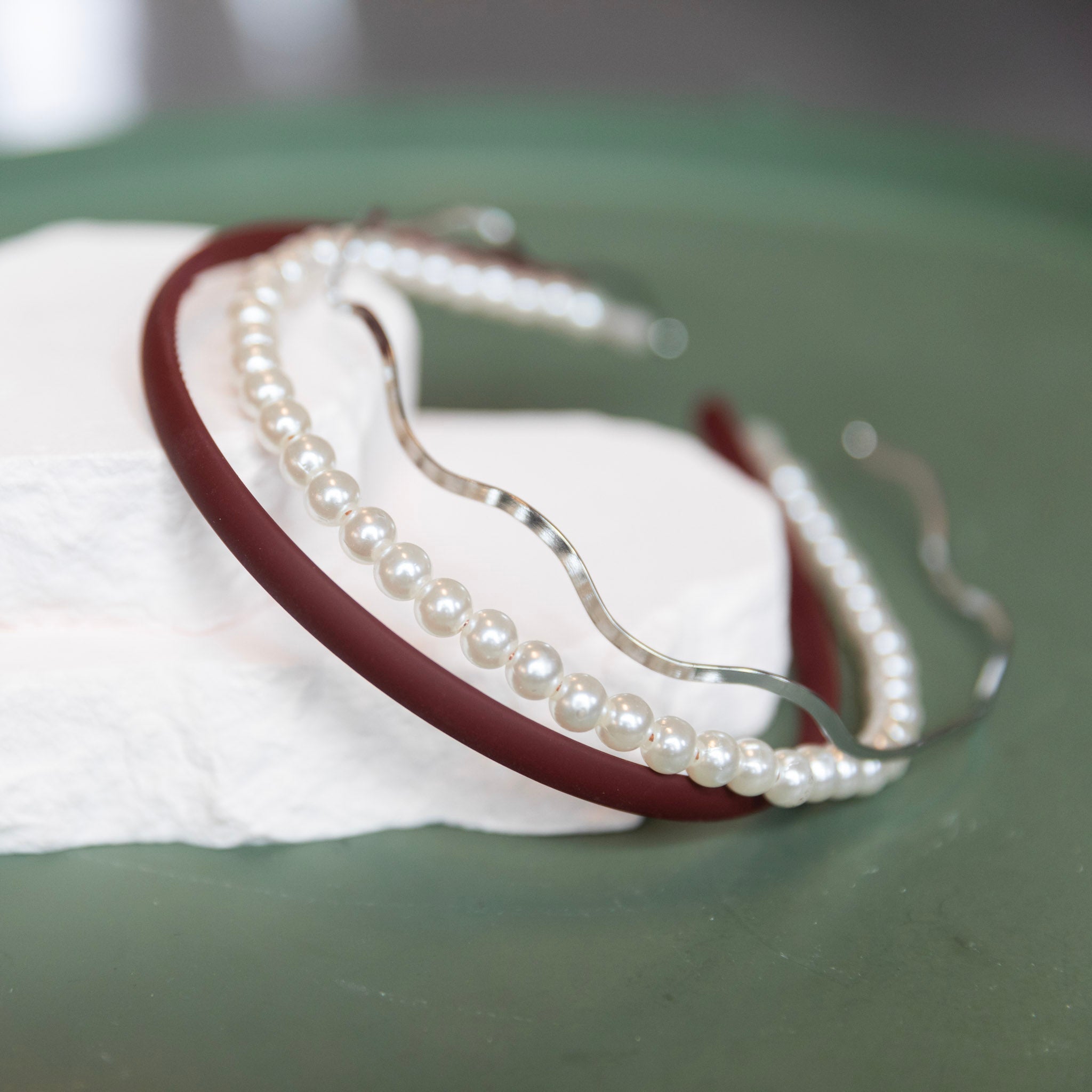 Headband Set - Red + Pearl + Wavy Gold