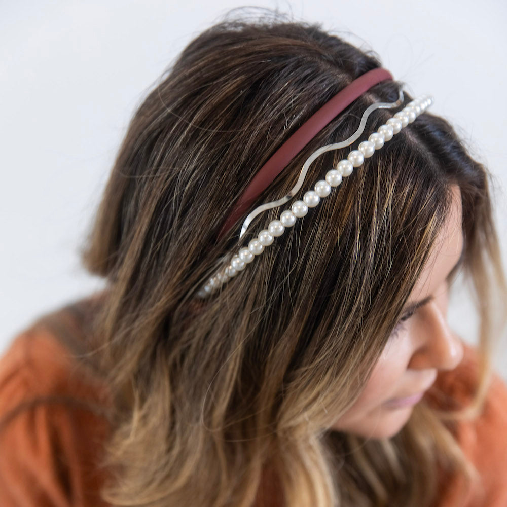 Headband Set - Red + Pearl + Wavy Gold
