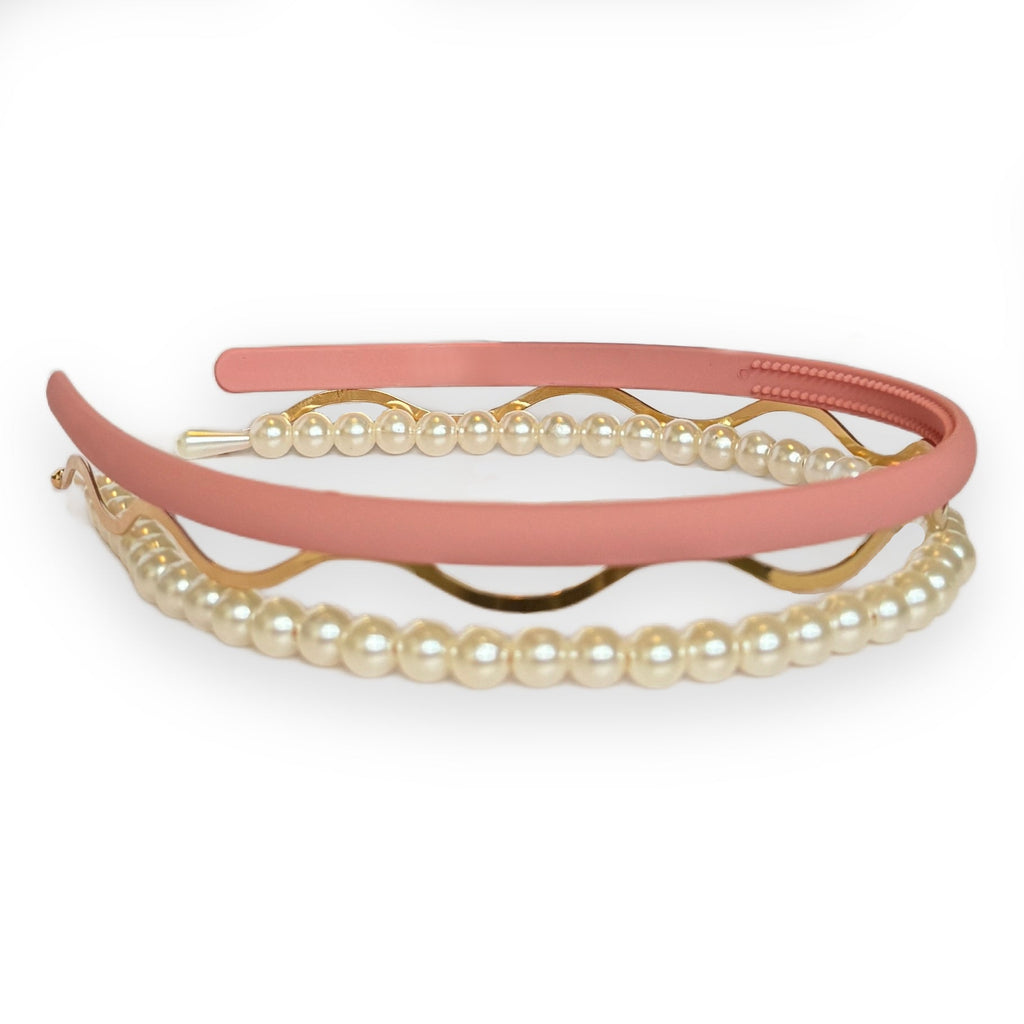 Headband Set - Pink + Pearl + Wavy Gold