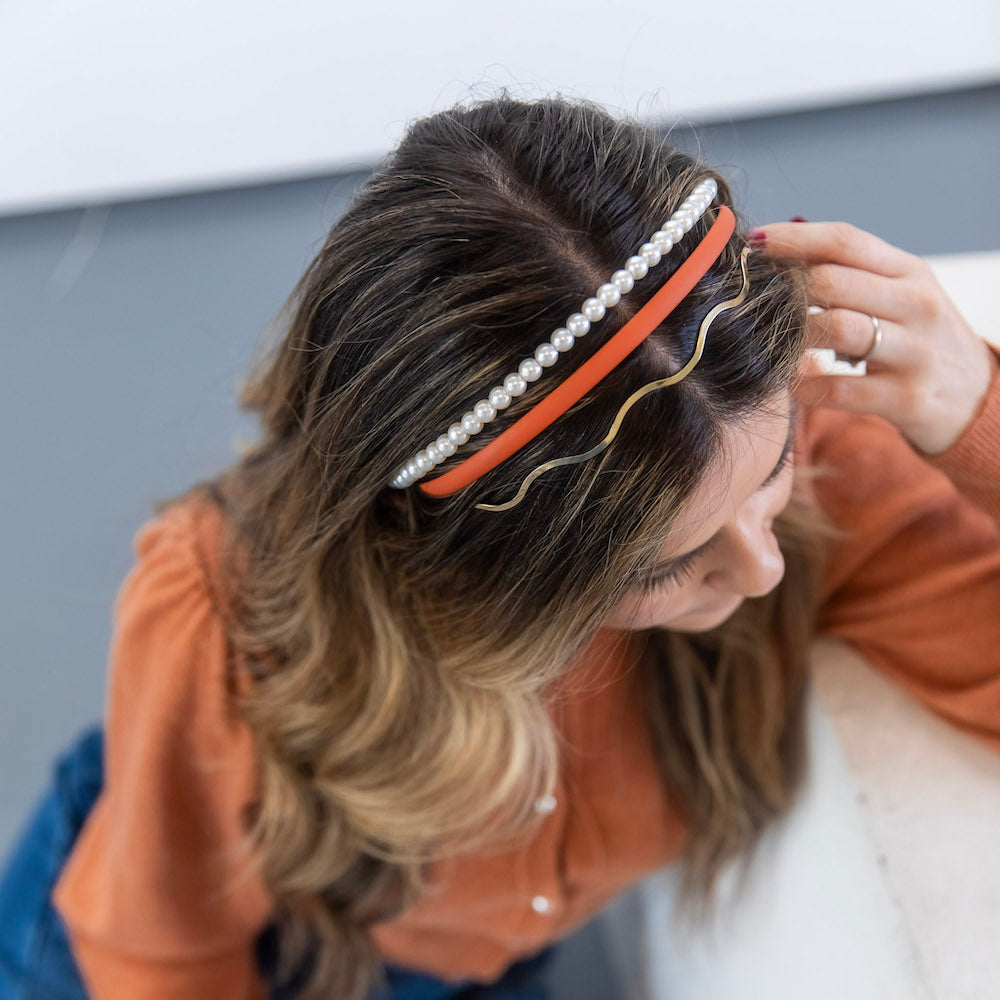Headband Set - Orange + Pearl + Wavy Silver