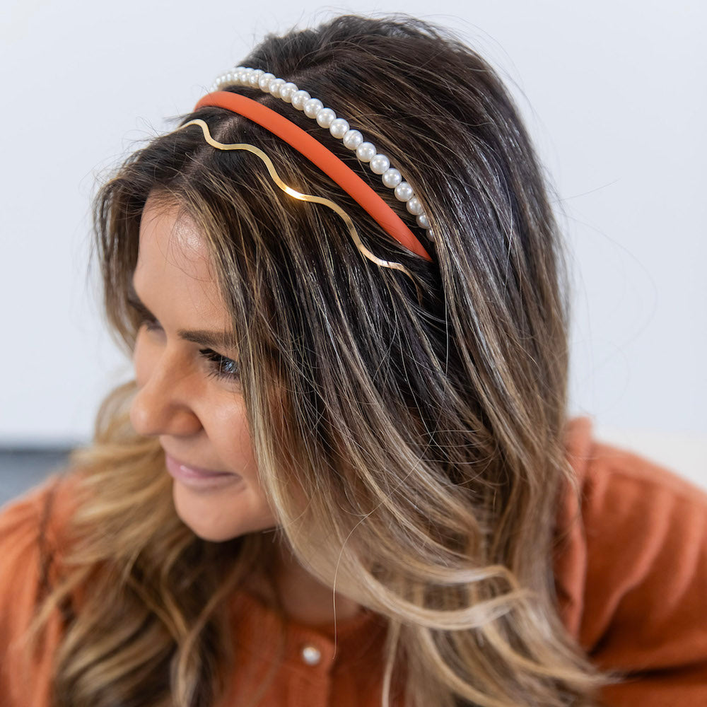Headband Set - Orange + Pearl + Wavy Silver