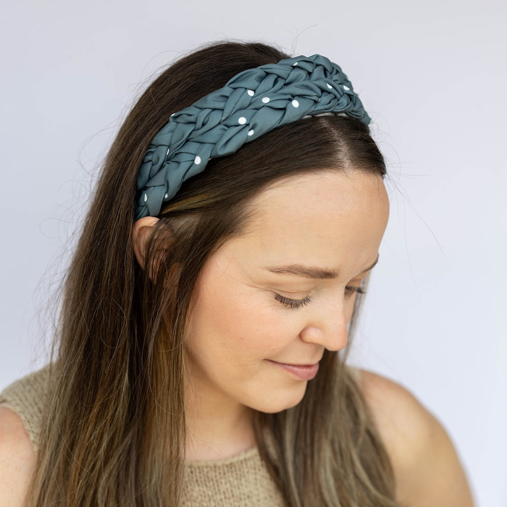 Blushing Braid Headband - Dark Jade Polka Dot