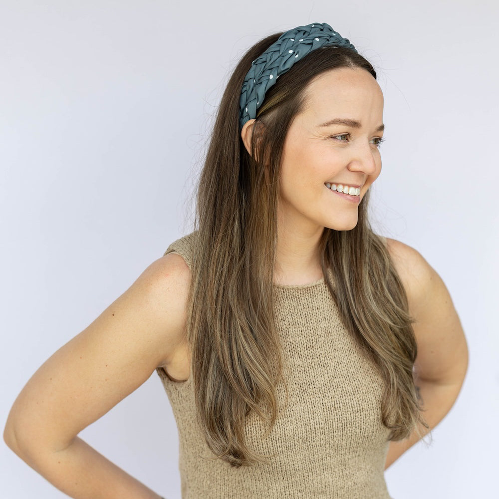 Blushing Braid Headband - Dark Jade Polka Dot
