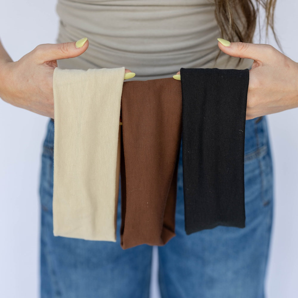 Wide Headwrap Set of 3 - Black + Brown + Beige
