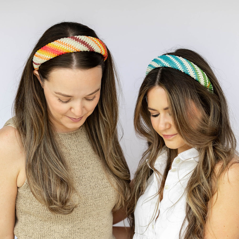 Classic Padded Woven Raffia Headband - Ocean Blue + Green