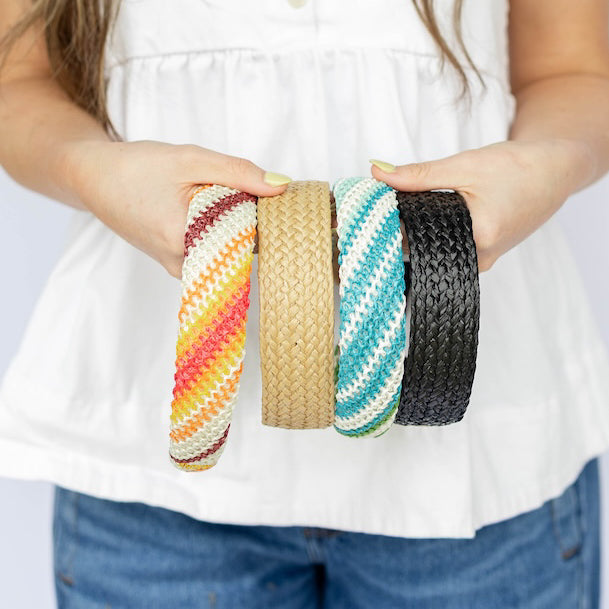 Classic Padded Woven Raffia Headband - Ocean Blue + Green