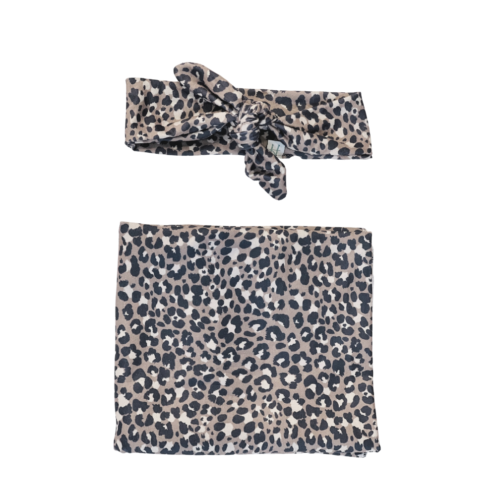 Tan + Periwinkle Jaguar Baby Swaddle + Headband Set