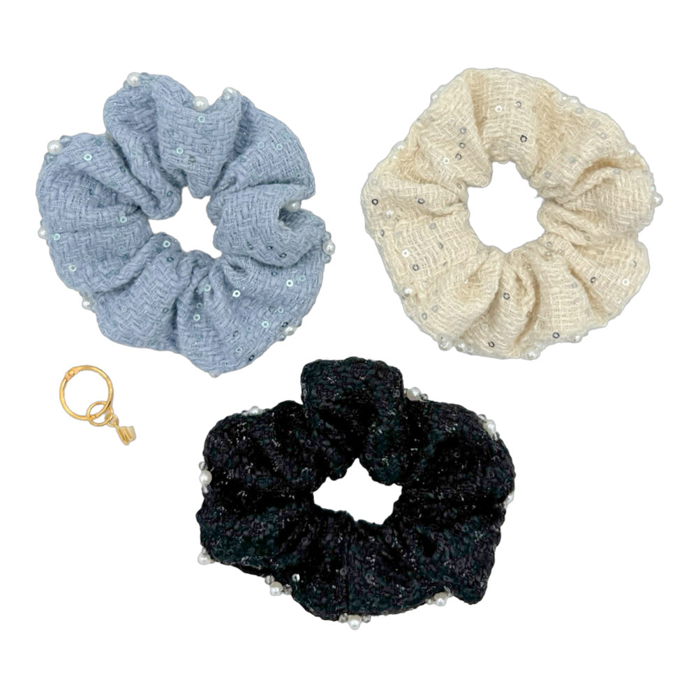 Tweed Scrunchie Set of 3 - Sequin Pearls