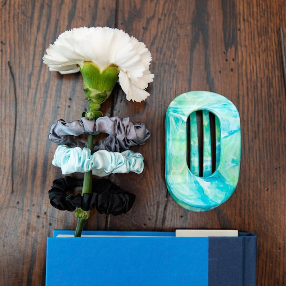 Satin Scrunchie Set - Black, Gray, Light Blue