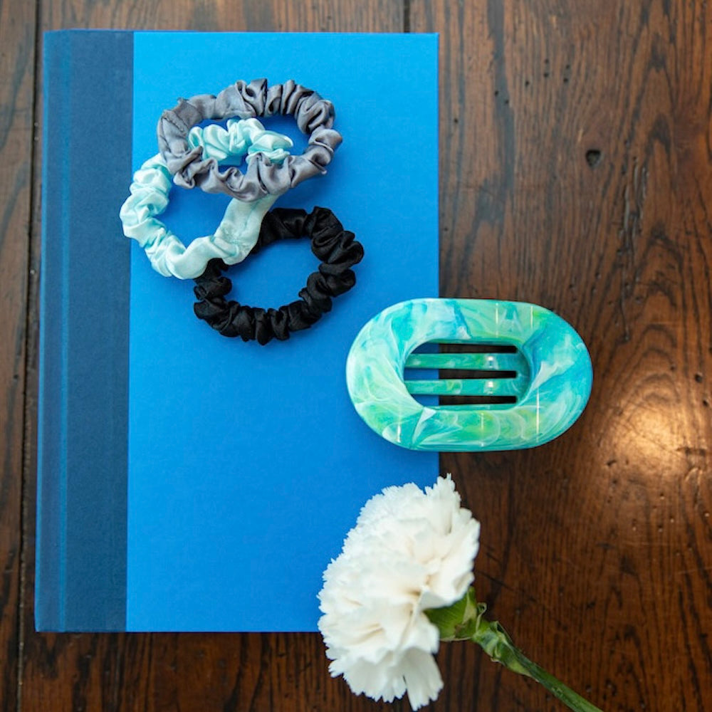 Satin Scrunchie Set - Black, Gray, Light Blue