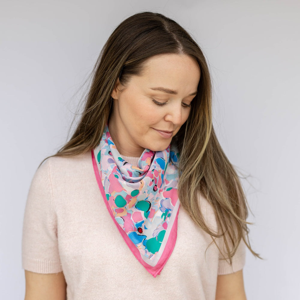 Satin Abstract Floral Headscarf - Pink + Coral