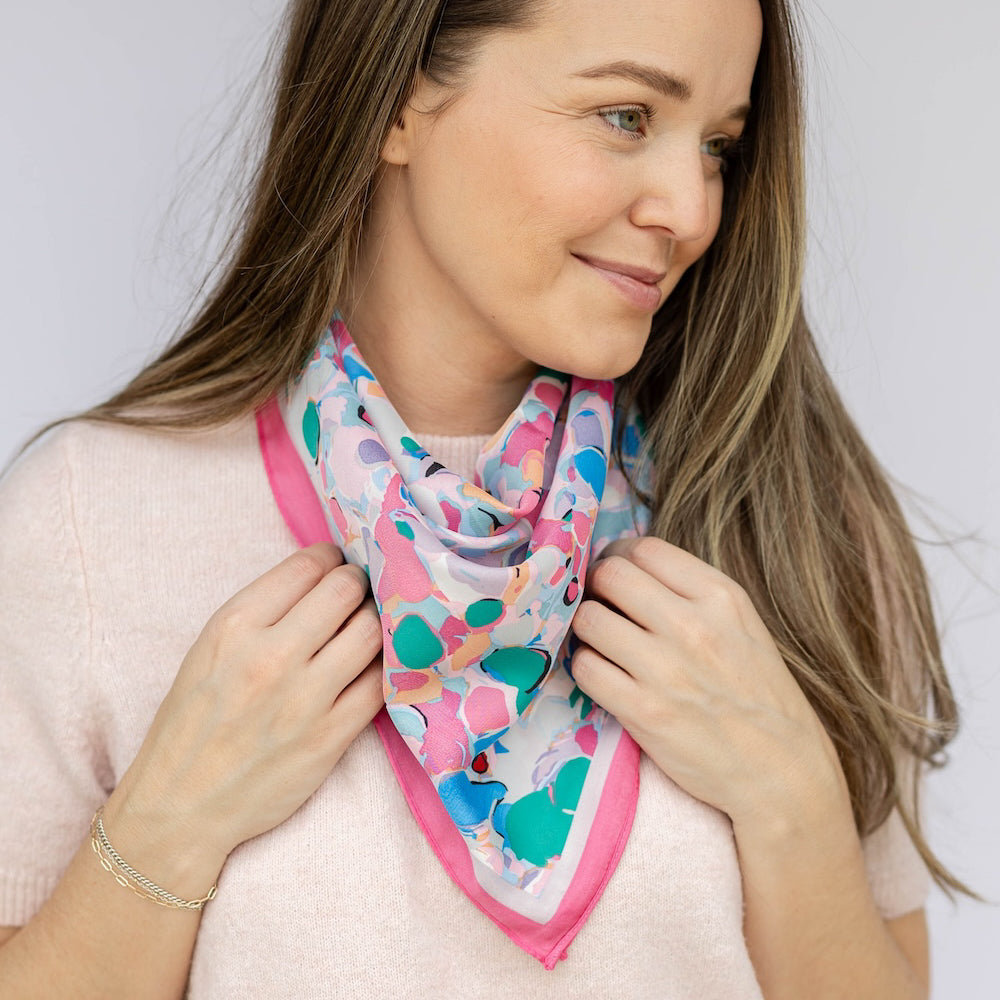 Satin Abstract Floral Headscarf - Pink + Coral