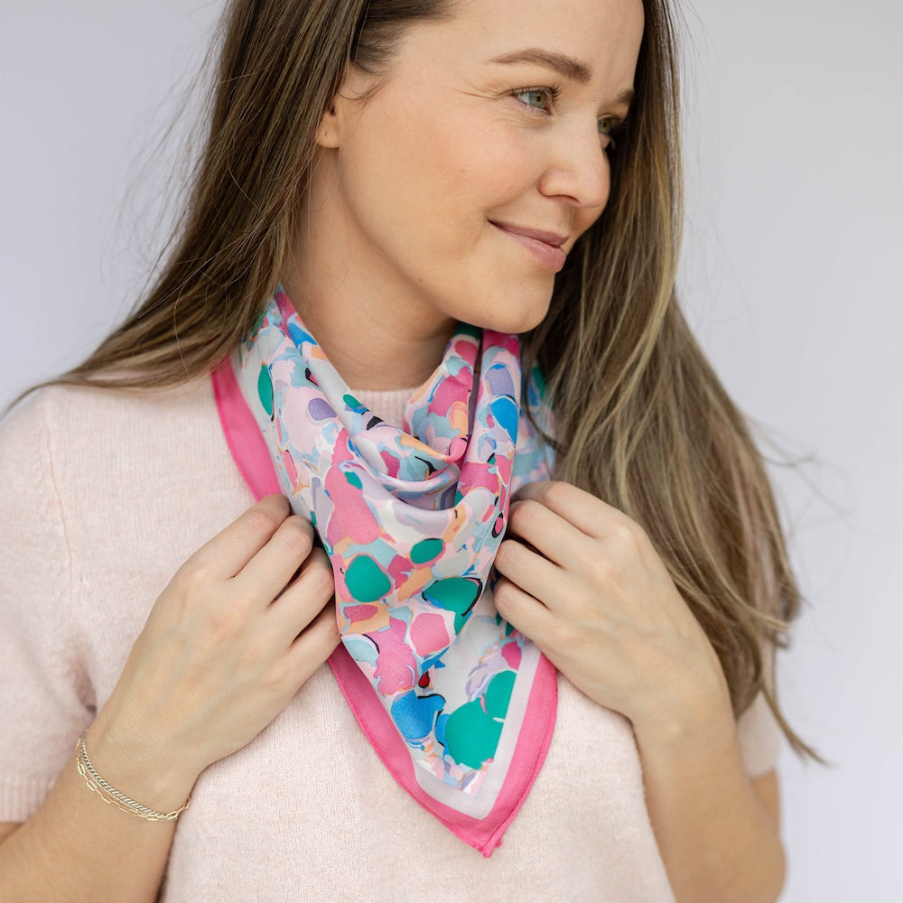 Satin Abstract Floral Headscarf - Pink + Coral