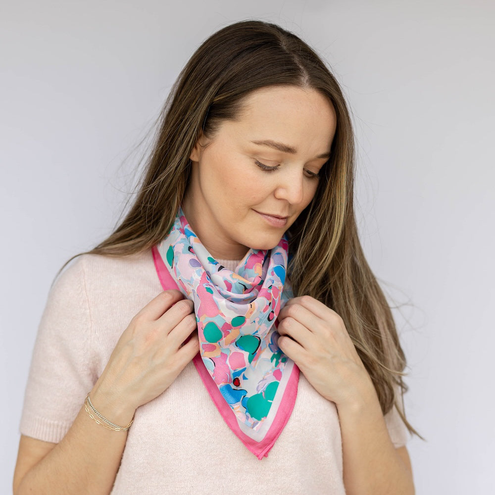 Satin Abstract Floral Headscarf - Pink + Coral