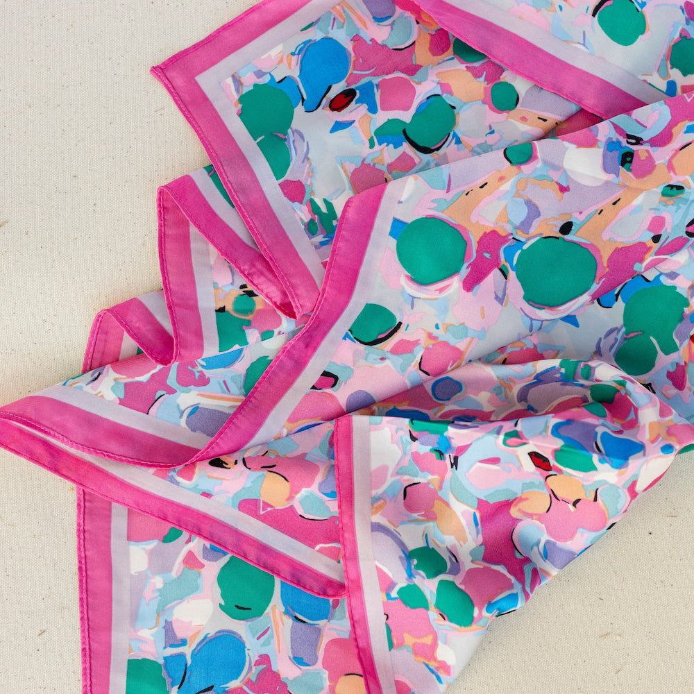 Satin Abstract Floral Headscarf - Pink + Coral