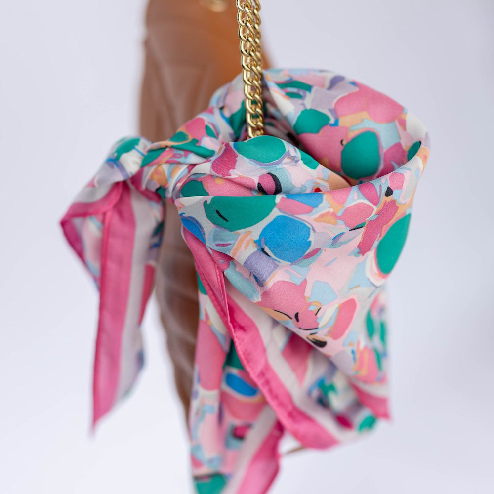 Satin Abstract Floral Headscarf - Pink + Coral