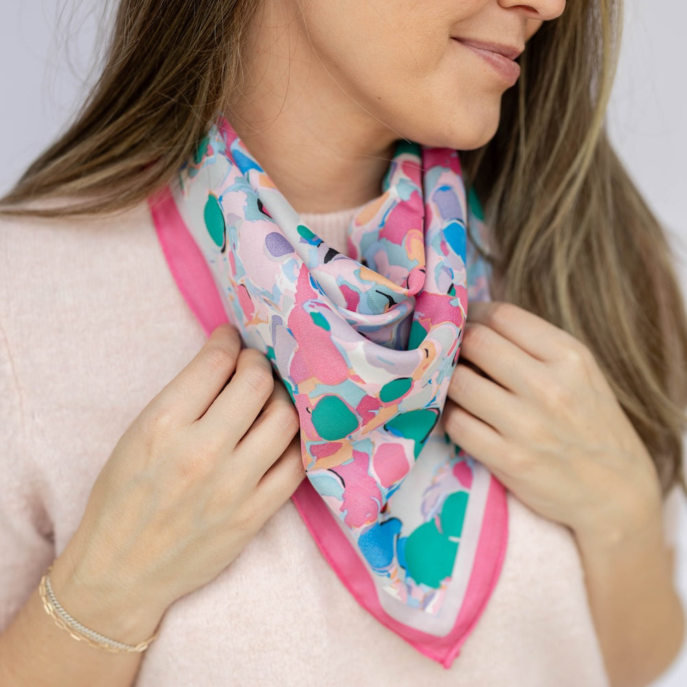 Satin Abstract Floral Headscarf - Pink + Coral