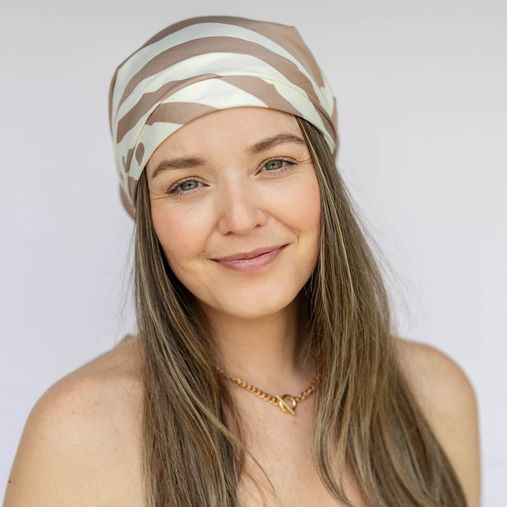 Satin Striped Headscarf - Beige