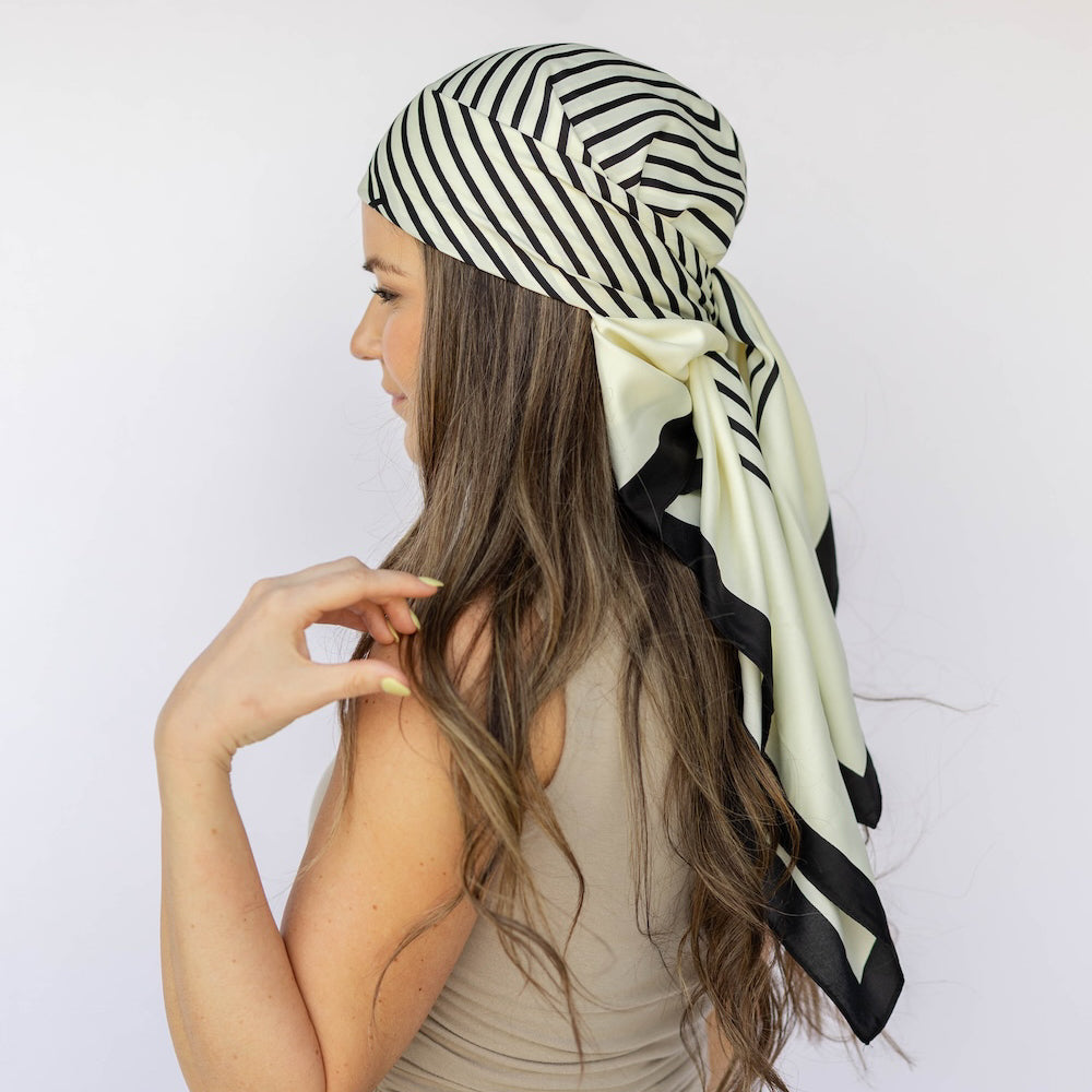 Satin Abstract Line Headscarf - Black + White