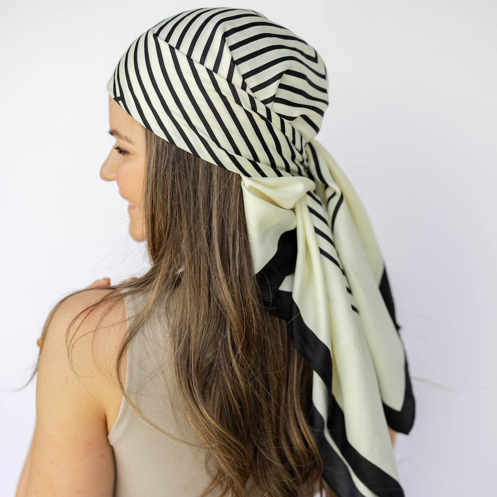 Satin Abstract Line Headscarf - Black + White